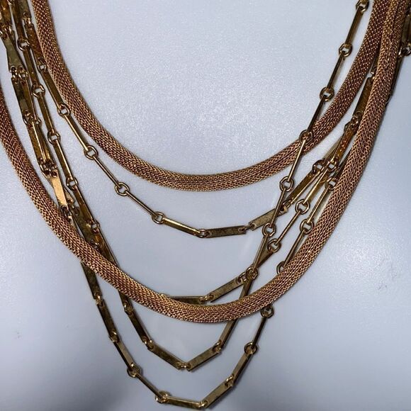 Vintage 6 Layer Chain Link & Woven Mesh Gold Toned Necklace - Picture 1 of 11